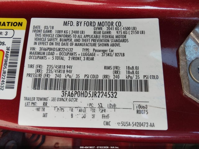 Продажа на аукционе авто 2018 Ford Fusion Se, vin: 3FA6P0HD5JR224532, номер лота: 45419037