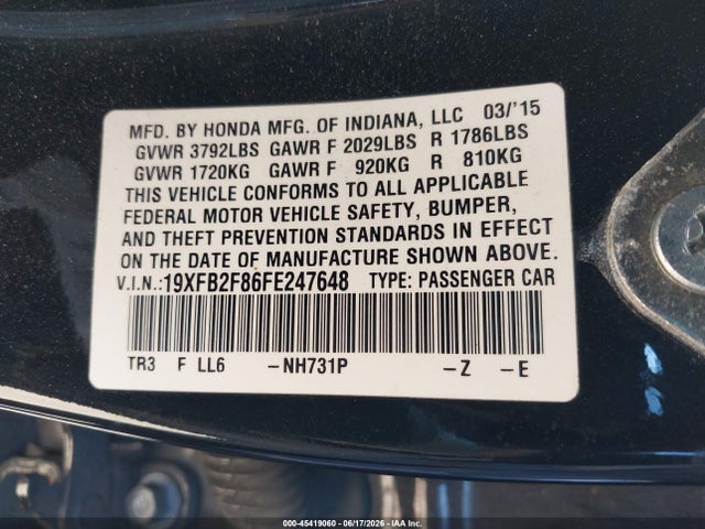 Honda CIVIC EX 2015 19XFB2F86FE247648 Image 9