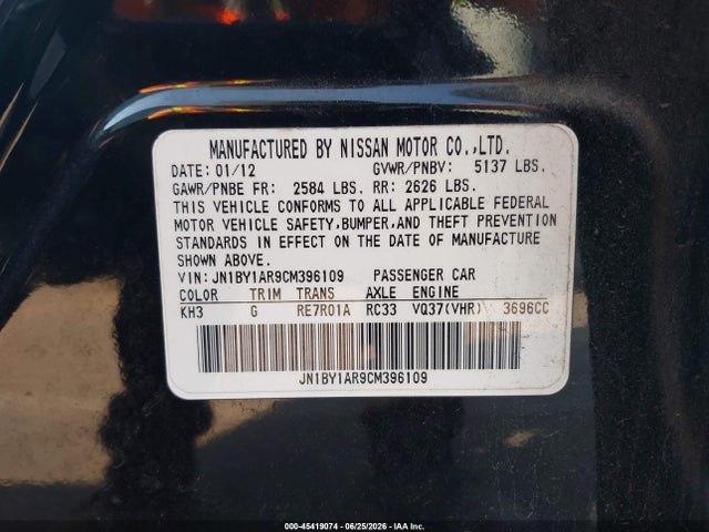 Aukcja sprzedaży 2012 Infiniti M37x, vin: JN1BY1AR9CM396109, numer aukcji: 45419074