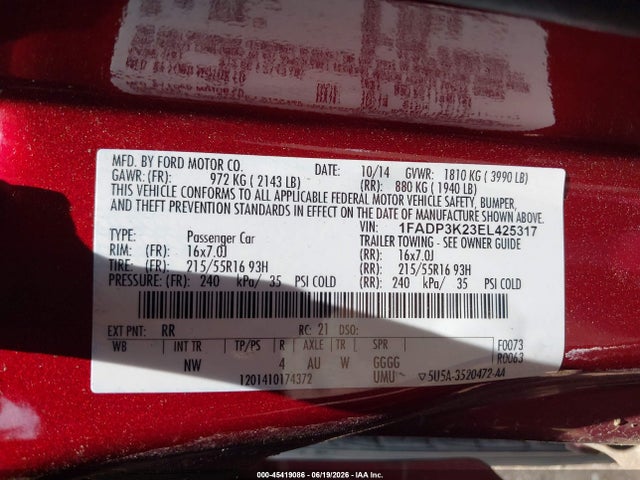 45419086 :رقم المزاد ، 1FADP3K23EL425317 vin ، 2014 Ford Focus Se مزاد بيع
