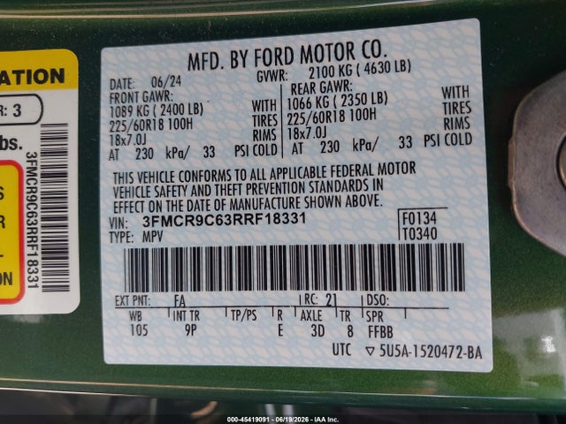2024 Ford Bronco Sport Outer Banks მანქანა იყიდება აუქციონზე, vin: 3FMCR9C63RRF18331, აუქციონის ნომერი: 45419091
