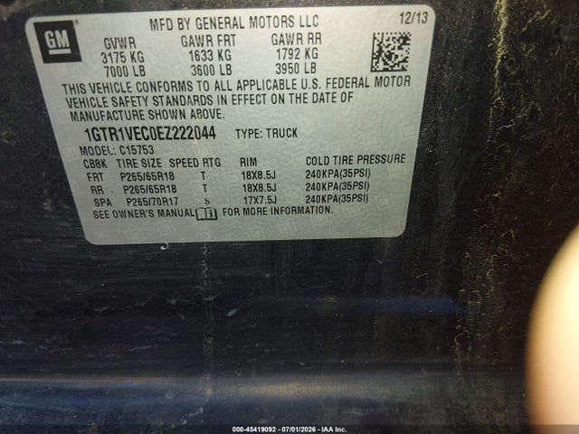 45419092 :رقم المزاد ، 1GTR1VEC0EZ222044 vin ، 2014 Gmc Sierra 1500 Slt مزاد بيع
