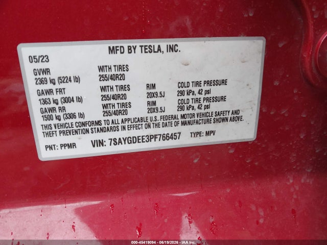 Продаж на аукціоні авто 2023 Tesla Model Y Awd/long Range Dual Motor All-wheel Drive, vin: 7SAYGDEE3PF766457, номер лоту: 45419094