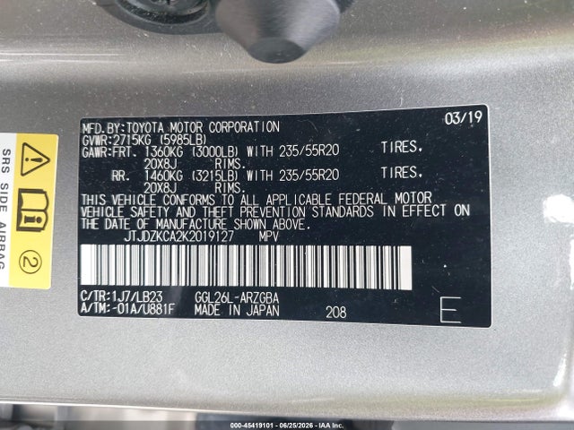 45419101 :رقم المزاد ، JTJDZKCA2K2019127 vin ، 2019 Lexus Rx 350l Premium مزاد بيع