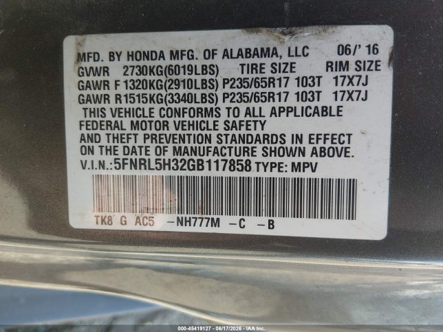 Aukcja sprzedaży 2016 Honda Odyssey Se, vin: 5FNRL5H32GB117858, numer aukcji: 45419127