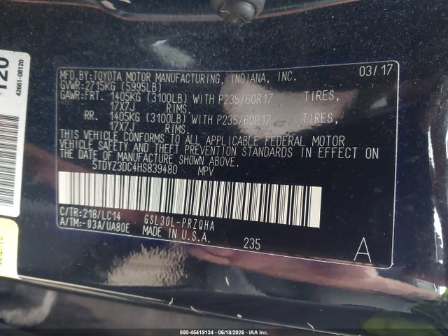 2017 Toyota Sienna Xle 8 Passenger მანქანა იყიდება აუქციონზე, vin: 5TDYZ3DC4HS839480, აუქციონის ნომერი: 45419134