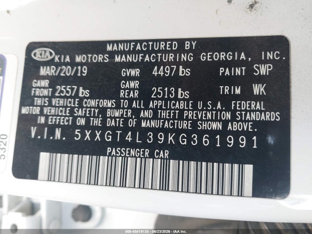 Продажа на аукционе авто 2019 Kia Optima S, vin: 5XXGT4L39KG361991, номер лота: 45419135