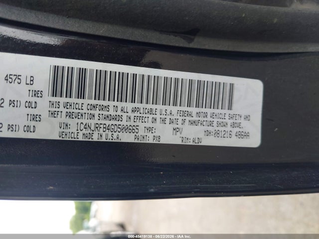 Aukcja sprzedaży 2016 Jeep Patriot High Altitude Edition, vin: 1C4NJRFB4GD500665, numer aukcji: 45419138