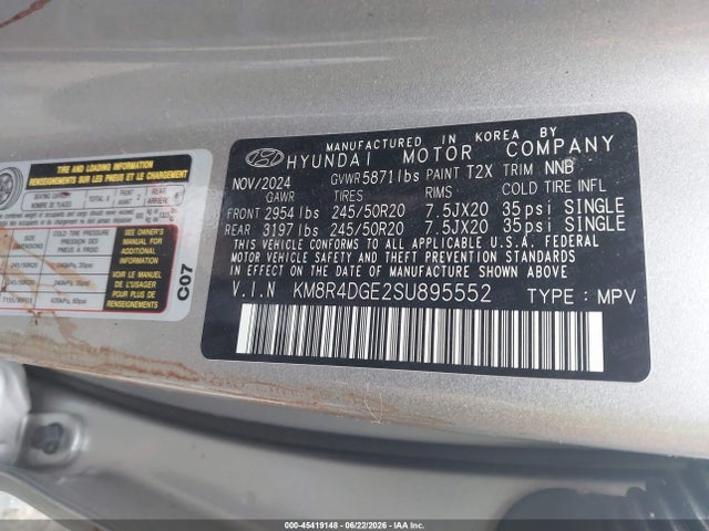 2025 Hyundai Palisade Sel Premium 8p მანქანა იყიდება აუქციონზე, vin: KM8R4DGE2SU895552, აუქციონის ნომერი: 45419148
