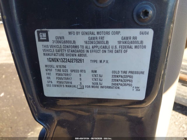 45419154 :رقم المزاد ، 1GNEK13Z24J278261 vin ، 2004 Chevrolet Tahoe Ls مزاد بيع