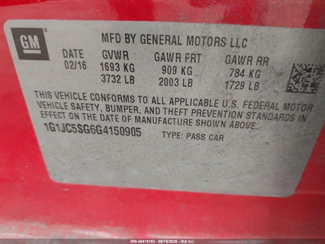 Chevrolet Sonic Lt Auto 2016 1G1JC5SG6G4150905 Image 9