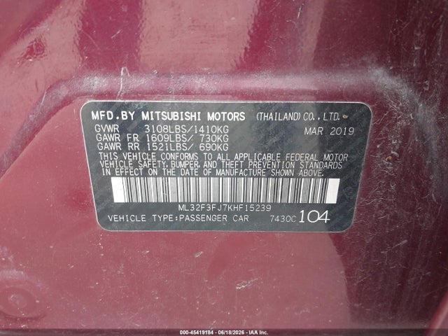 Auction sale of the 2019 Mitsubishi Mirage G4 Es, vin: ML32F3FJ7KHF15239, lot number: 45419184