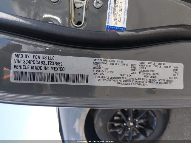 Auction sale of the 2020 Dodge Journey Se Value, vin: 3C4PDCAB3LT237559, lot number: 45419191