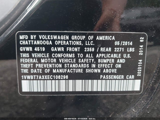2014 Volkswagen Passat 1.8t Se მანქანა იყიდება აუქციონზე, vin: 1VWBT7A3XEC106296, აუქციონის ნომერი: 45419226