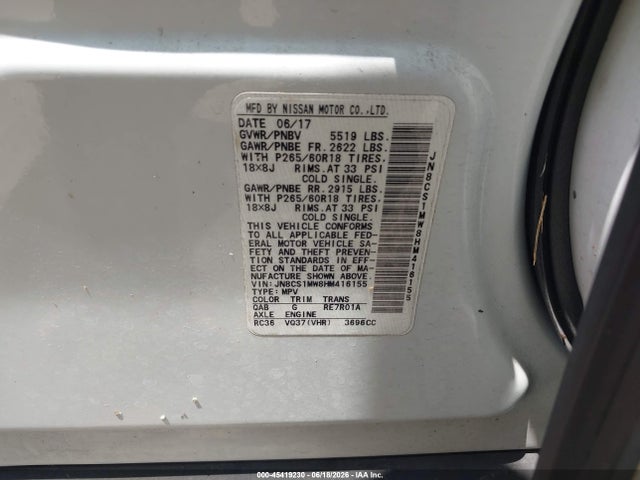 Продажа на аукционе авто 2017 Infiniti Qx70, vin: JN8CS1MW8HM416155, номер лота: 45419230