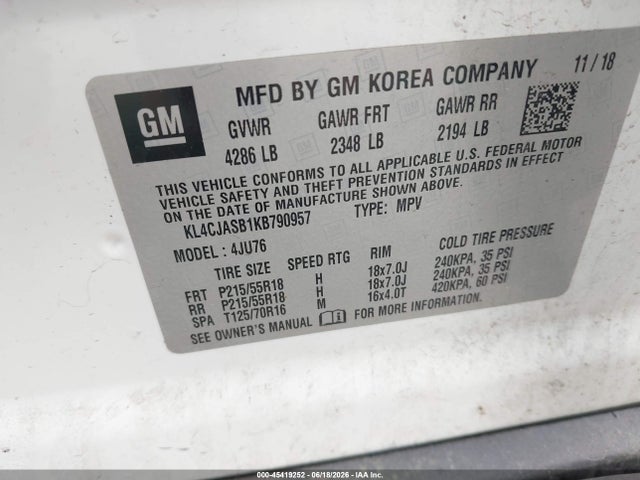 Aukcja sprzedaży 2019 Buick Encore Fwd Preferred, vin: KL4CJASB1KB790957, numer aukcji: 45419252