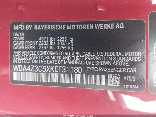 2019 Bmw 430i Xdrive მანქანა იყიდება აუქციონზე, vin: WBA4Z3C5XKEF31180, აუქციონის ნომერი: 45419280
