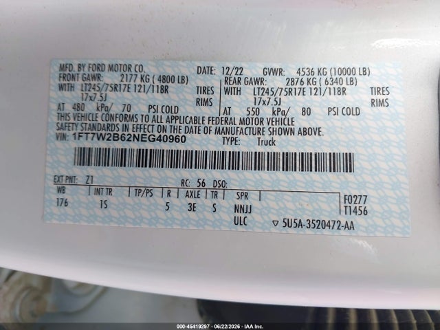 2022 Ford F-250 Xl მანქანა იყიდება აუქციონზე, vin: 1FT7W2B62NEG40960, აუქციონის ნომერი: 45419297