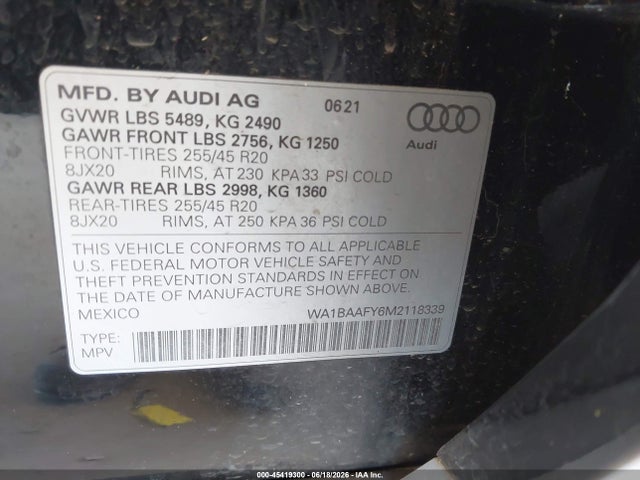 WA1BAAFY6M2118339 Audi Q5 Premium Plus 45 Tfsi Quattro S Tronic