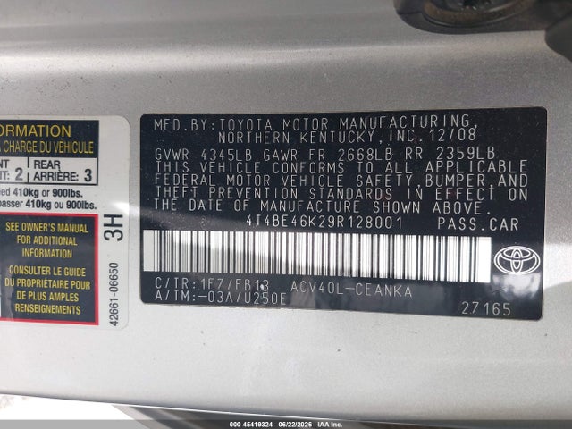 Aukcja sprzedaży 2009 Toyota Camry Le, vin: 4T4BE46K29R128001, numer aukcji: 45419324