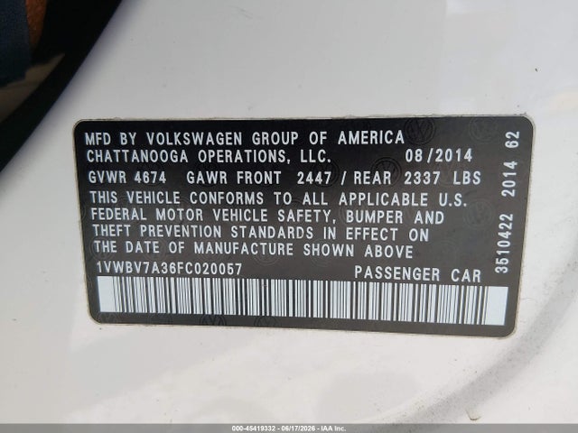 Volkswagen Passat 2.0l Tdi Se 2015 1VWBV7A36FC020057 Image 9
