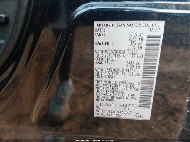 Auction sale of the 2020 Infiniti Qx60 Pure, vin: 5N1DL0MN0LC533771, lot number: 45419343