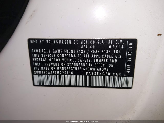 Продажа на аукционе авто 2015 Volkswagen Jetta 2.0l S, vin: 3VW2K7AJ5FM225116, номер лота: 45419357