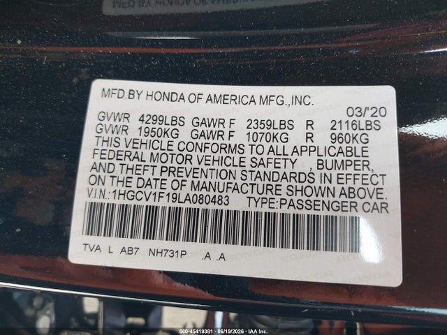 Honda ACCORD LX 2020 1HGCV1F19LA080483 Image 9
