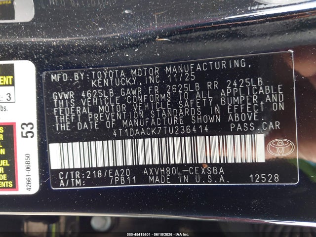 Продажа на аукционе авто 2026 Toyota Camry Nightshade, vin: 4T1DAACK7TU236414, номер лота: 45419401