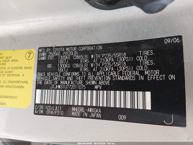Aukcja sprzedaży 2007 Lexus Rx 400h, vin: JTJHW31U772011075, numer aukcji: 45419405