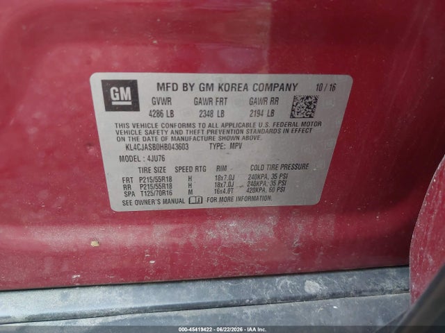 45419422 :رقم المزاد ، KL4CJASB0HB043603 vin ، 2017 Buick Encore Preferred مزاد بيع