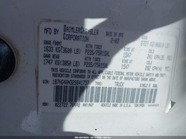 45419424 :رقم المزاد ، 1B7HG48N32S641737 vin ، 2002 Dodge Dakota Slt مزاد بيع