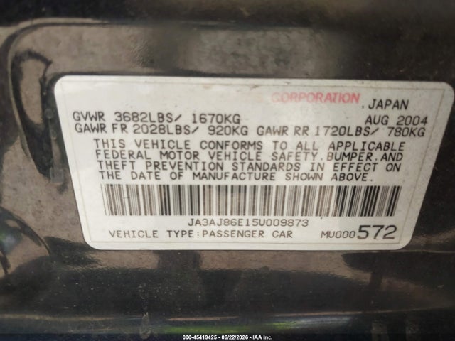 Aukcja sprzedaży 2005 Mitsubishi Lancer Oz Rally, vin: JA3AJ86E15U009873, numer aukcji: 45419425