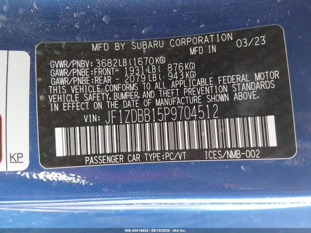 45419434 :رقم المزاد ، JF1ZDBB15P9704512 vin ، 2023 Subaru Brz Premium مزاد بيع