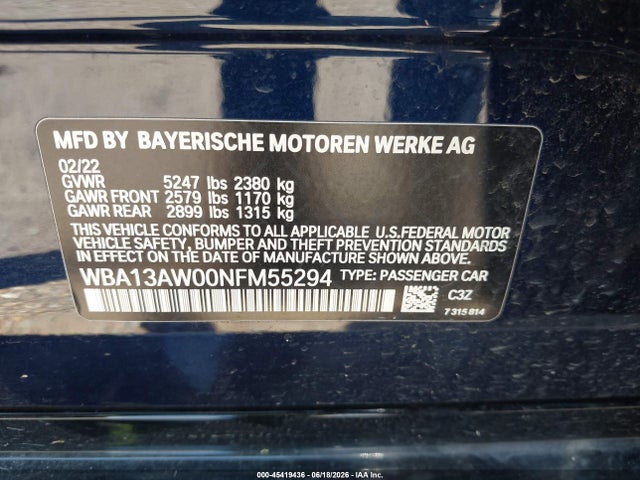 45419436 :رقم المزاد ، WBA13AW00NFM55294 vin ، 2022 Bmw M440i Gran Coupe Xdrive مزاد بيع