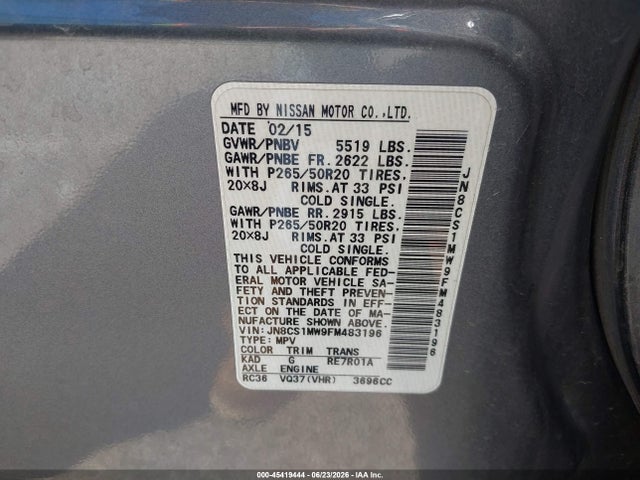 45419444 :رقم المزاد ، JN8CS1MW9FM483196 vin ، 2015 Infiniti Qx70 مزاد بيع
