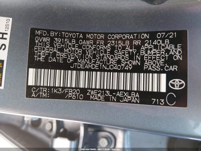 JTDEAMDE1NJ040749 Toyota Corolla Hybrid Le