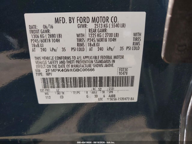 Ford EDGE SE 2016 2FMPK4G9XGBC00666 Image 9
