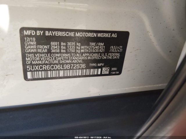 45419512 :رقم المزاد ، 5UXCR6C06L9B72536 vin ، 2020 Bmw X5 Xdrive40i مزاد بيع