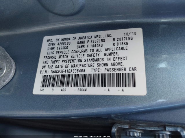 2011 Honda Accord 2.4 Lx-p მანქანა იყიდება აუქციონზე, vin: 1HGCP2F41BA036468, აუქციონის ნომერი: 45419530