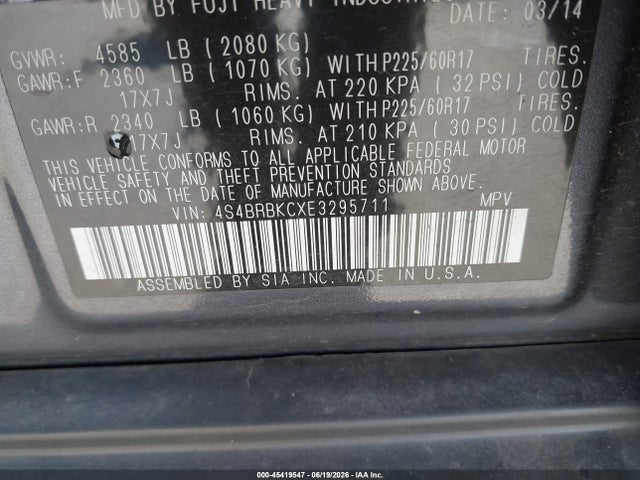 45419547 :رقم المزاد ، 4S4BRBKCXE3295711 vin ، 2014 Subaru Outback 2.5i Limited مزاد بيع