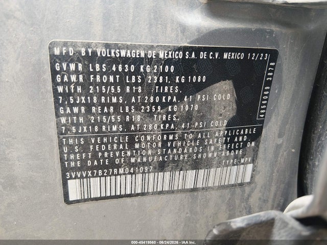 45419560 :رقم المزاد ، 3VVVX7B27RM041097 vin ، 2024 Volkswagen Taos 1.5t Se مزاد بيع