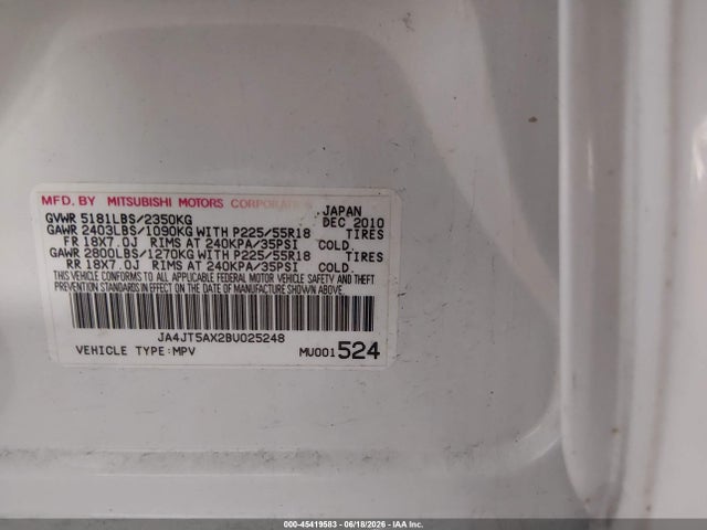 2011 Mitsubishi Outlander Gt მანქანა იყიდება აუქციონზე, vin: JA4JT5AX2BU025248, აუქციონის ნომერი: 45419583