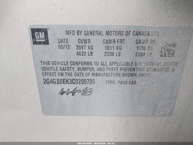 Aukcja sprzedaży 2012 Buick Regal Premium 1, vin: 2G4GS5EK3C9209786, numer aukcji: 45419593