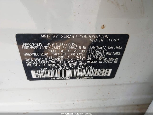 Продаж на аукціоні авто 2020 Subaru Forester, vin: JF2SKAAC3LH459841, номер лоту: 45419614