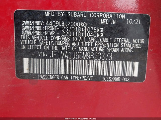 Продажа на аукционе авто 2021 Subaru Wrx Limited, vin: JF1VA1J66M9823373, номер лота: 45419617