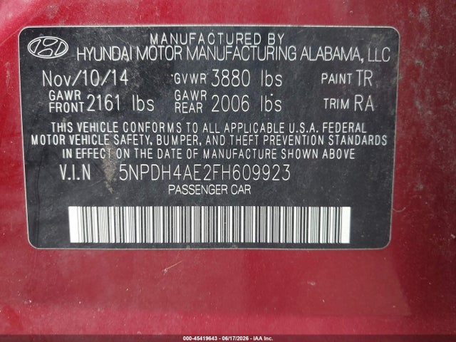 Aukcja sprzedaży 2015 Hyundai Elantra Se, vin: 5NPDH4AE2FH609923, numer aukcji: 45419643