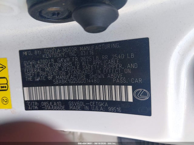 45419651 :رقم المزاد ، 58ABK1GG5GU014480 vin ، 2016 Lexus Es 350 مزاد بيع
