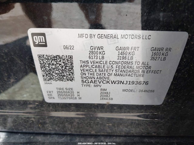 45419663 :رقم المزاد ، 5GAEVCKW3NJ193676 vin ، 2022 Buick Enclave Awd Avenir مزاد بيع