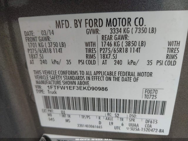 2014 Ford F-150 Xlt მანქანა იყიდება აუქციონზე, vin: 1FTFW1EF3EKD90986, აუქციონის ნომერი: 45419739